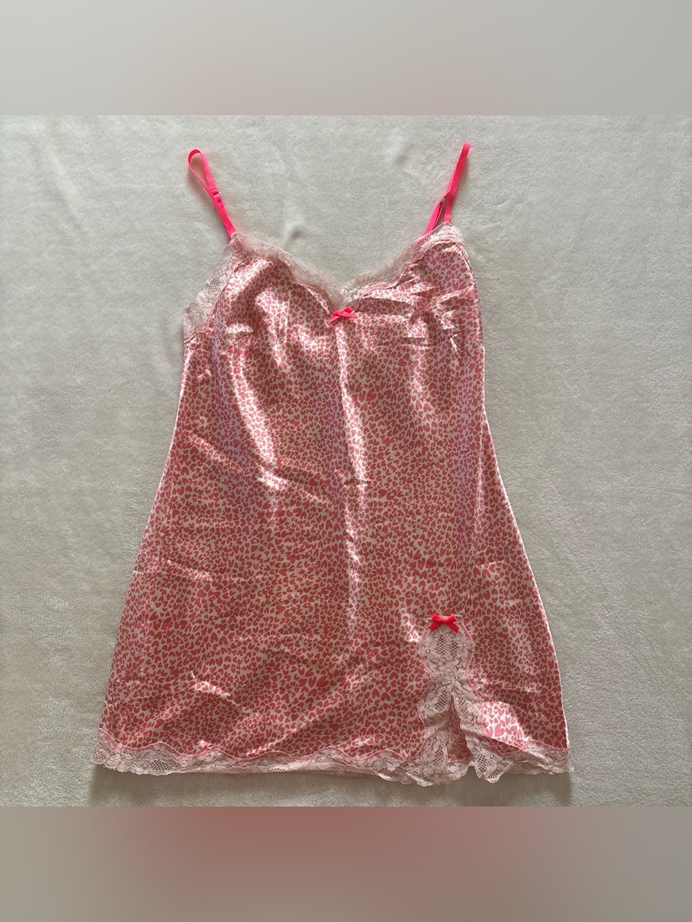 Y2K Vintage Victorias Secret Pink Leopard Print Lace Bow Slip Dress Lingerie Med